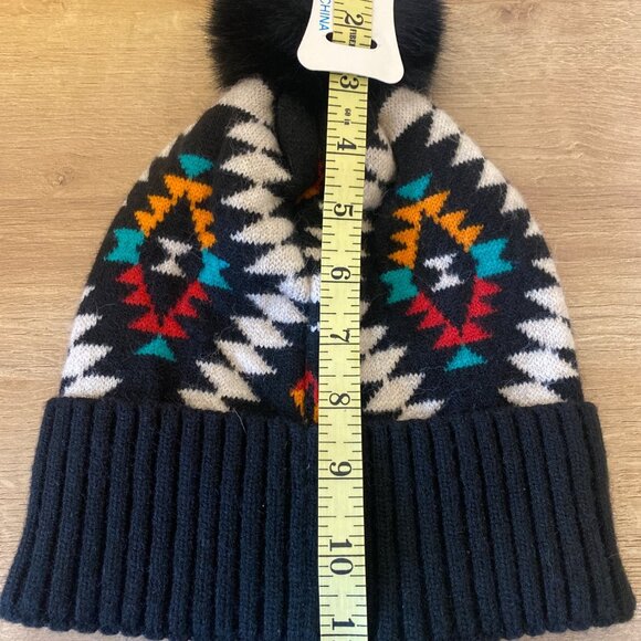C.C. Aztec Print Knit Beanie With Faux Fur Pom Pom - Picture 5 of 5
